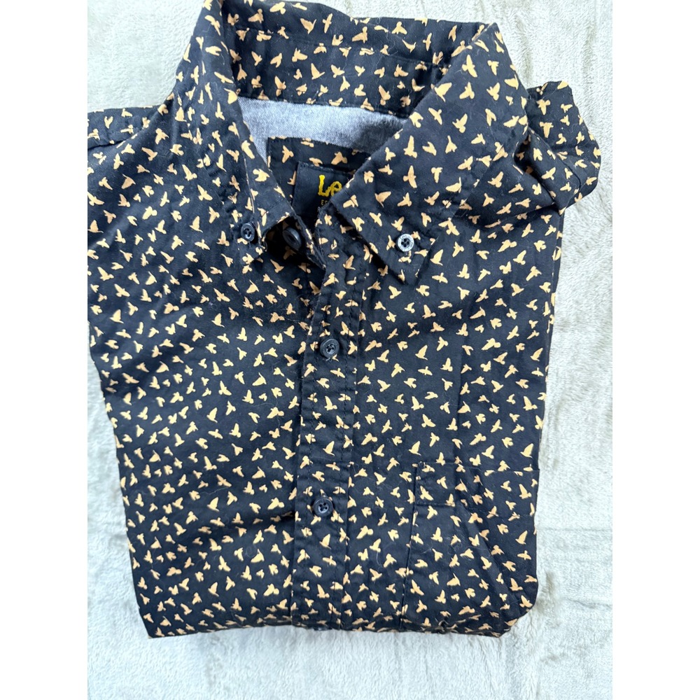 Lee Mens Black Gold Bird Print Short Sleeve Button Down Shirt Medium Regular Fit